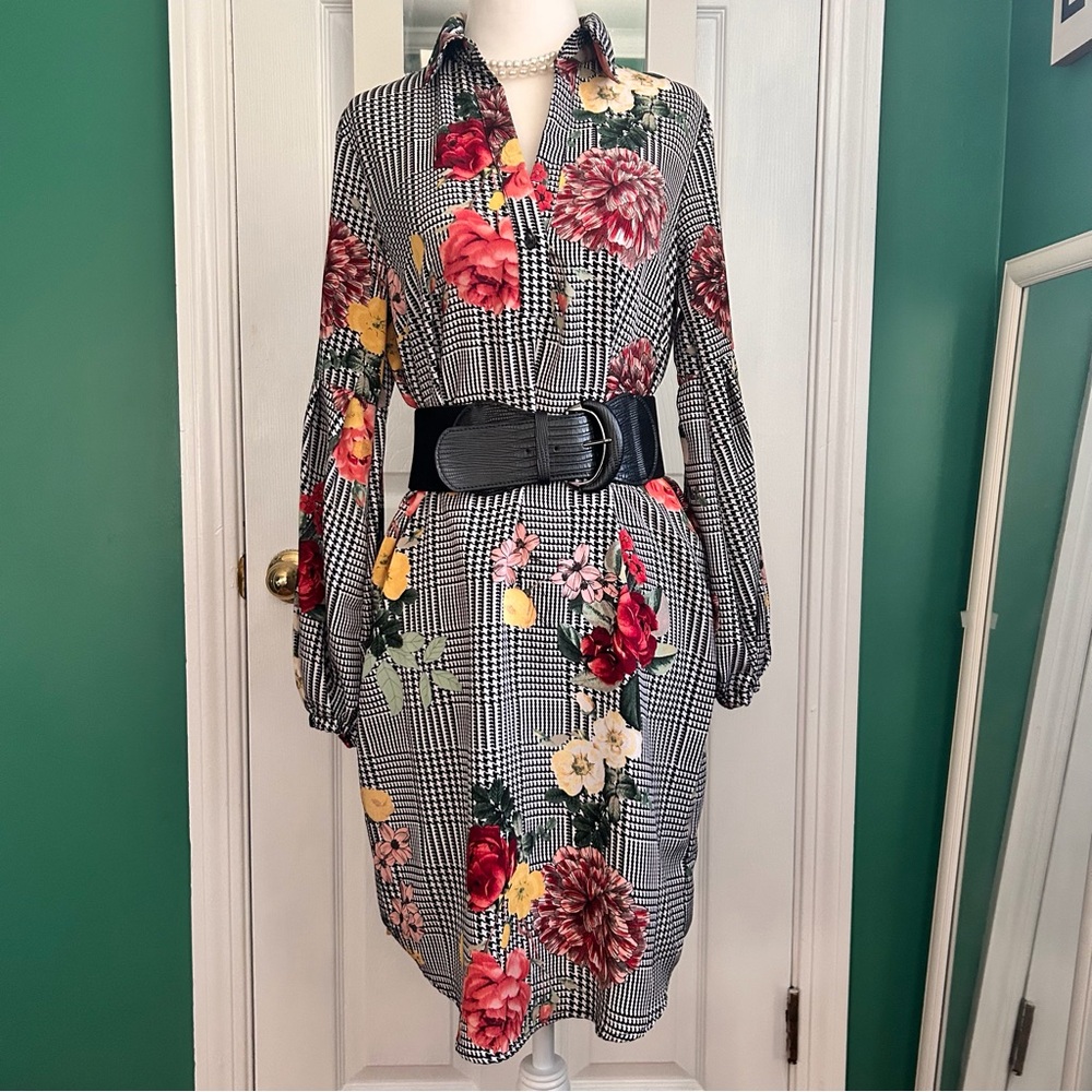 Spence Black/White Herringbone Plaid with Vibrant Florals Dress 4 NWT - Picture 12 of 13